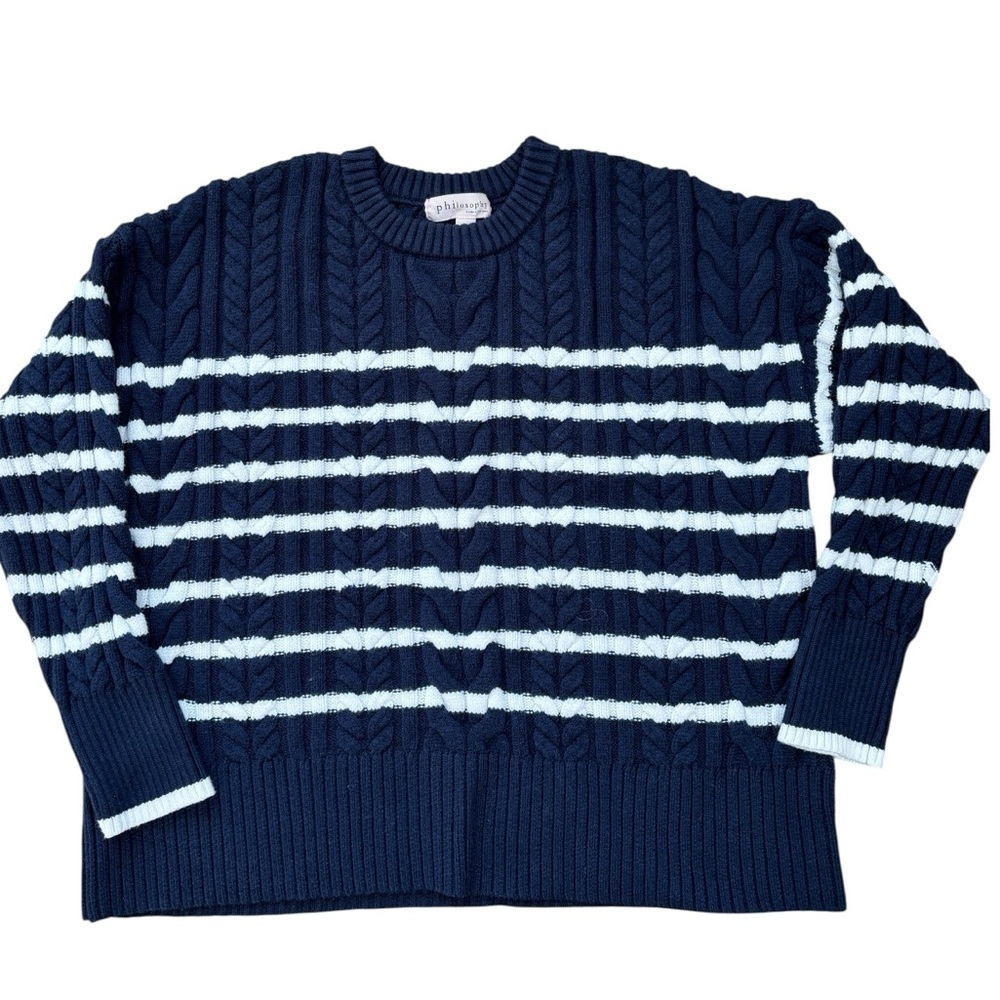 Philosophy Sweater Large Navy Blue White Striped Cable Knit Crewneck
Oversized